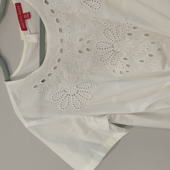 Saks Fifth Ave White Cotton Tie Front Blouse Top Embroidered Button Back size M - Picture 2 of 11